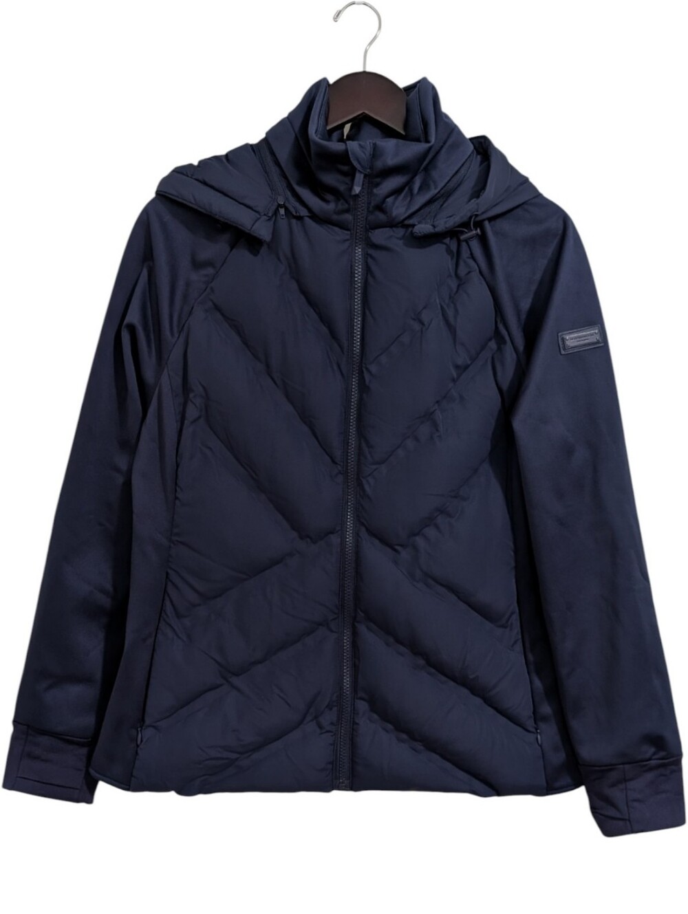 BCBGMAXAZRIA Navy Blue Eco-Friendly Puffer Jacket Coat Removable Hood Size L NWT